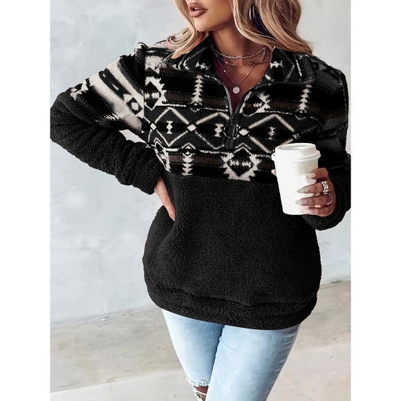 Geo Pattern Half Zipper Teddy Sweatshirt, Casual Long Sleeve Sweatshirt For Fall - Picture 1 of 5